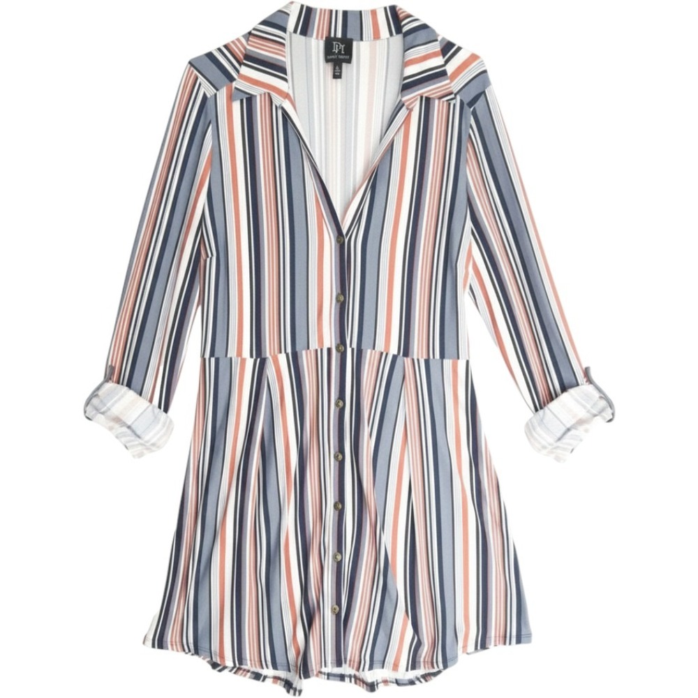 Derek Heart Vertical Striped Dress Womens L M Pointed Collar Mod Roll Tab Sleeve